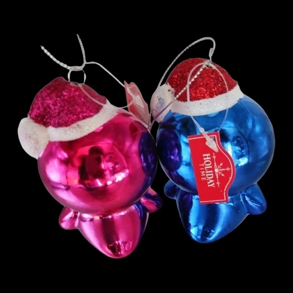Holiday time pinguins christmas tree ornaments set of 2 blue/pink - Picture 3 of 5